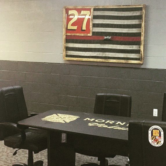 What a great day (9/11/17) to hang and proudly display a new flag in the fire station. Proudly made by @bandit0169 from materials around the station, we were ecstatic to hang this in our recently renovated McCarthy Room which serves as a conference room and is named in honor of our own #LODD Mr. Michael McCarthy.